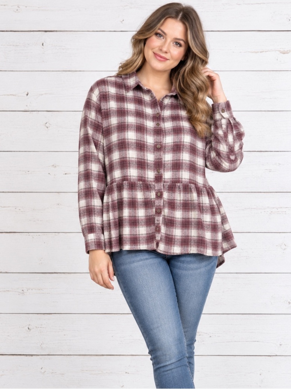 American Eagle Outfitters Plaid Babydoll Peplum Button Down Shirt - Large
